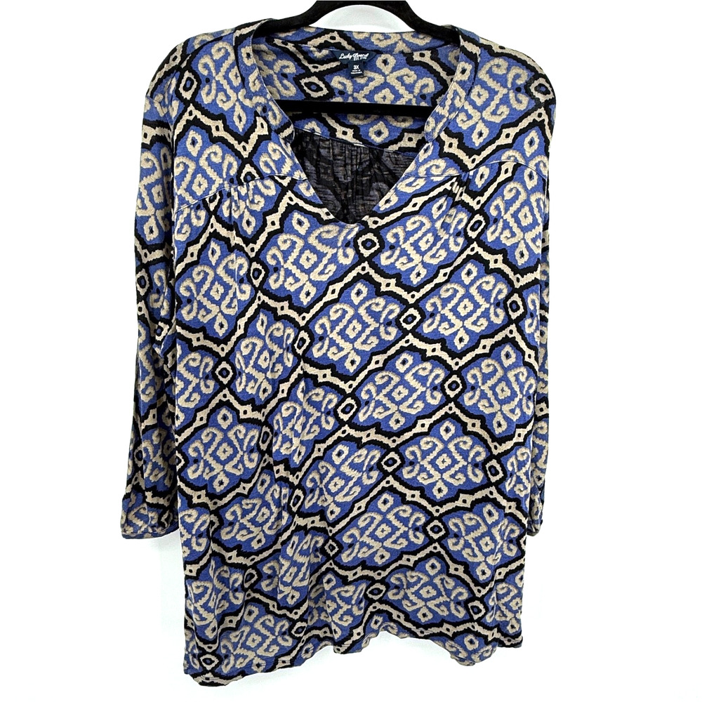 Lucky Brand Top Women's 3X Blue Black Beige Ikat-Inspired Boho 3/4 Sleeve Bo